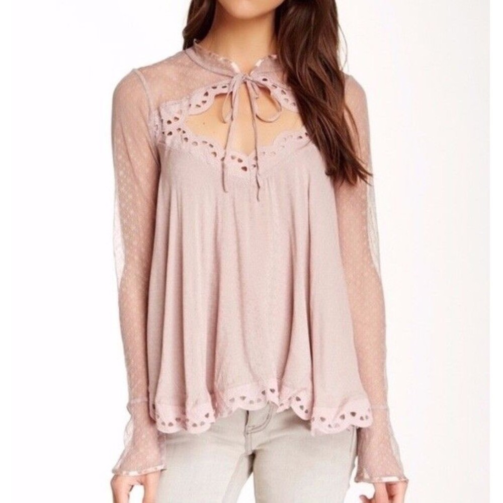 Free People Black Magic Blouse L Purple Dusty Liliac Lace Long Sleeve Cut-Out